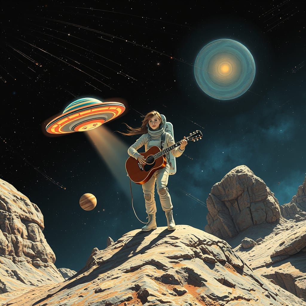 Astronaut Hitchhiking in Space with UFO