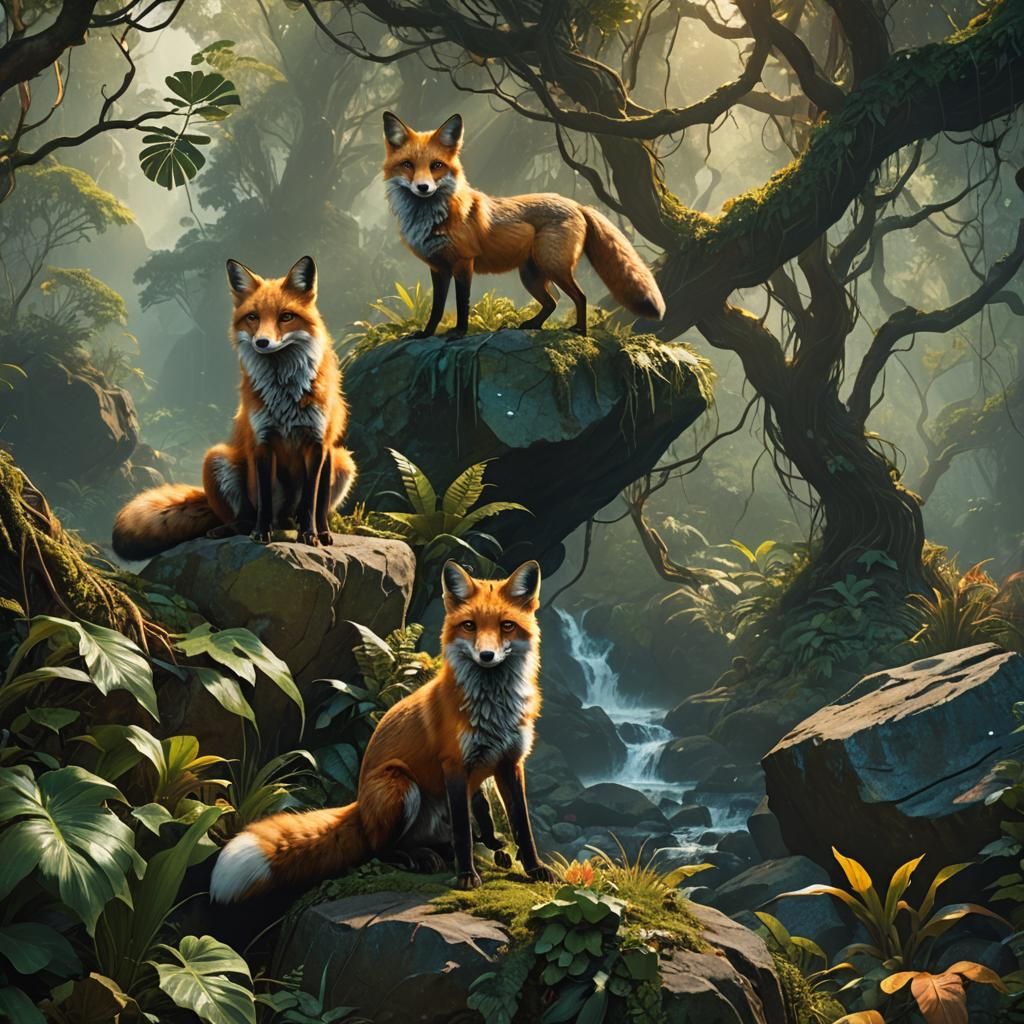 Foxes in Jungle Sunlight: Detailed Matte Painting