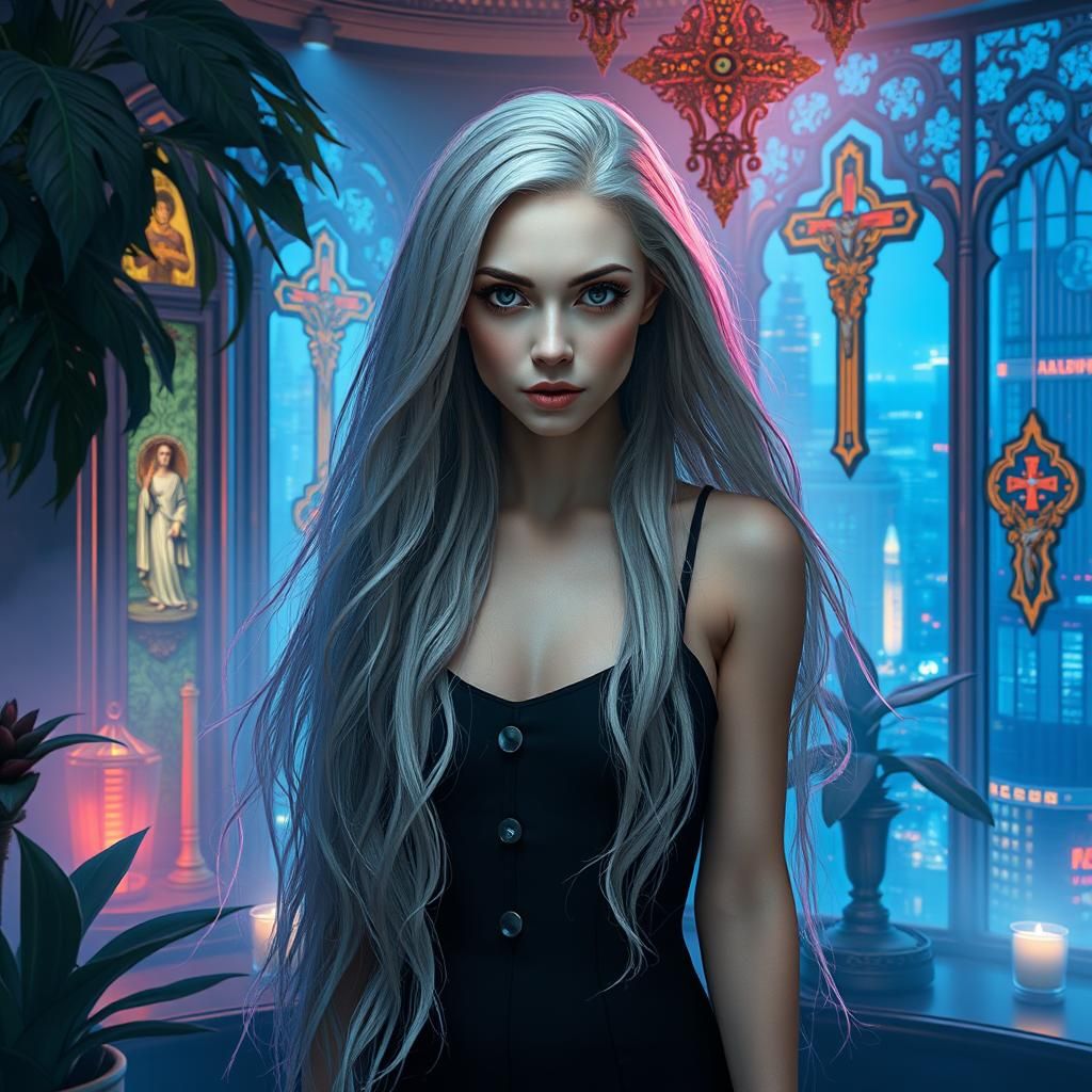 Gothic Woman in High-Tech City, Digital Art