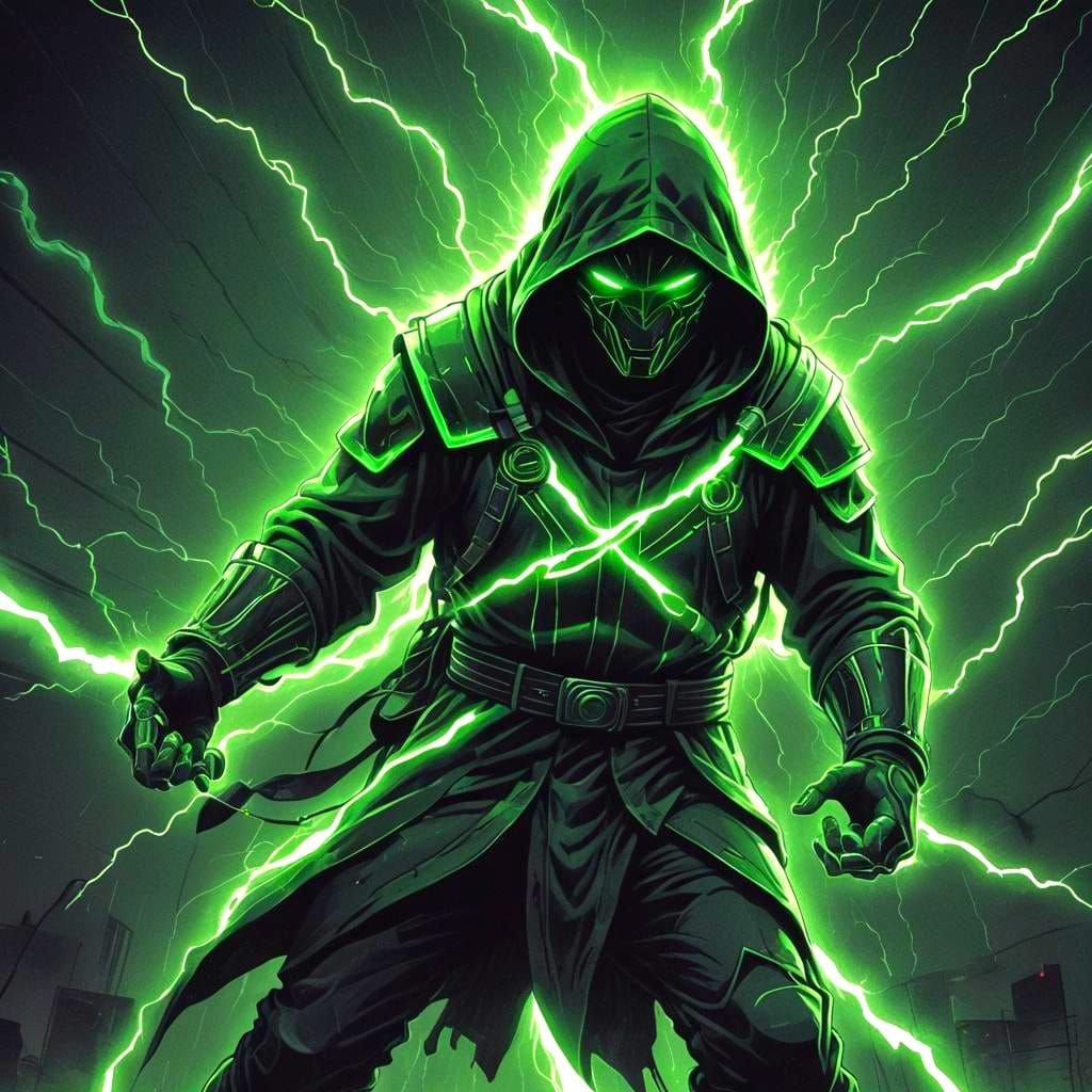 Monochromatic Warrior Conjuring Green Lightning in Synthwave...