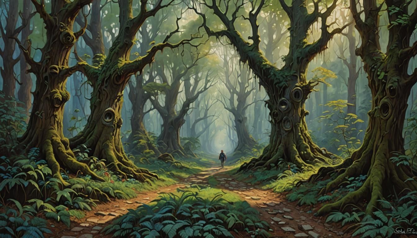 Enchanted Forest: Two Paths in a Sinister Oil Painting