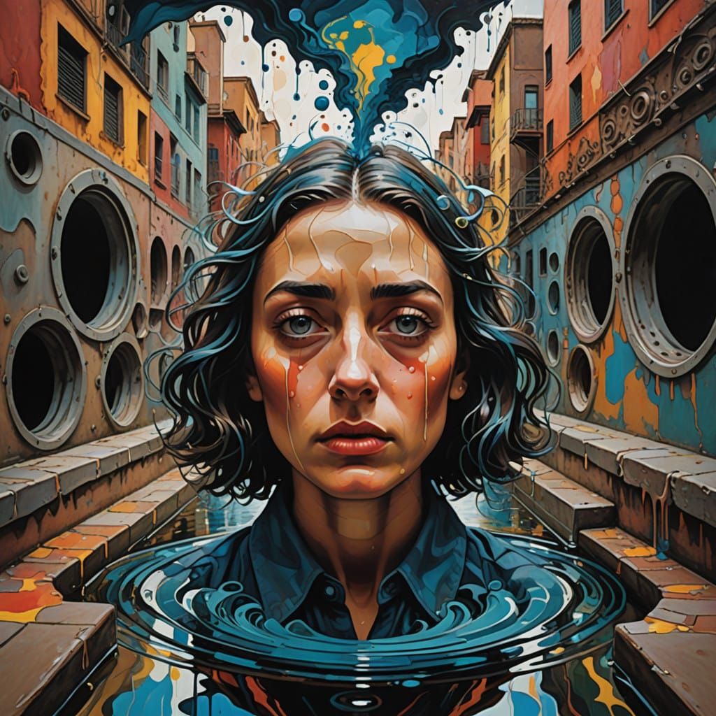Girl Melts into Storm Drain in Surrealist Vortex
