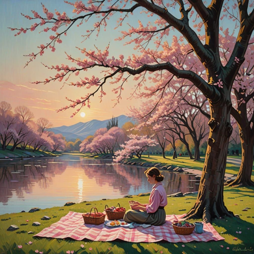 Impressionist Picnic Under Cherry Blossoms