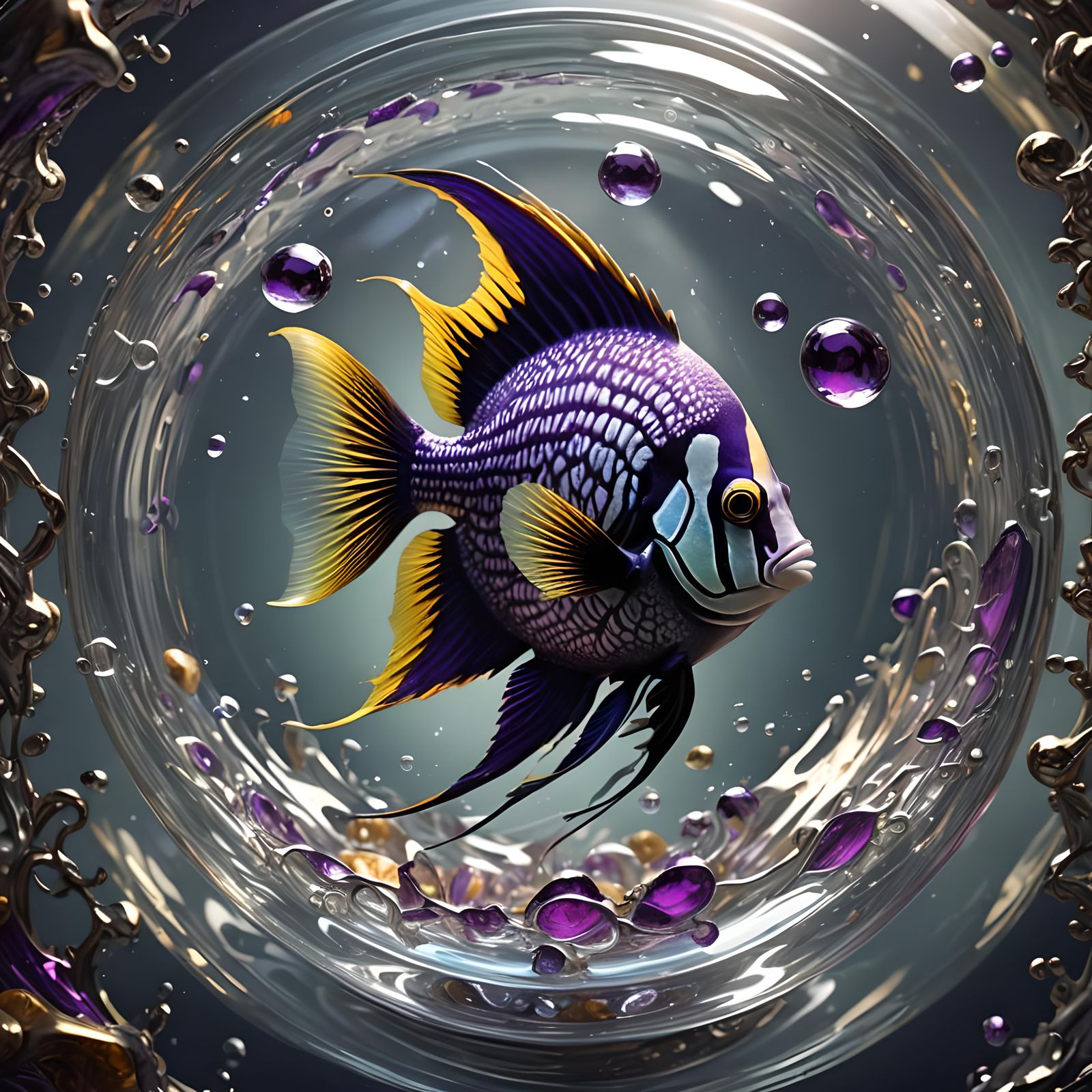 Intricate Angel Fish in Glass Bowl, Fantasy Art