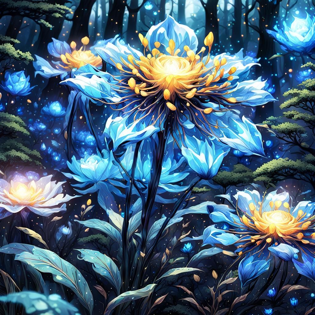 Bioluminescent Indigo Anime Flower in Woodland Clearing