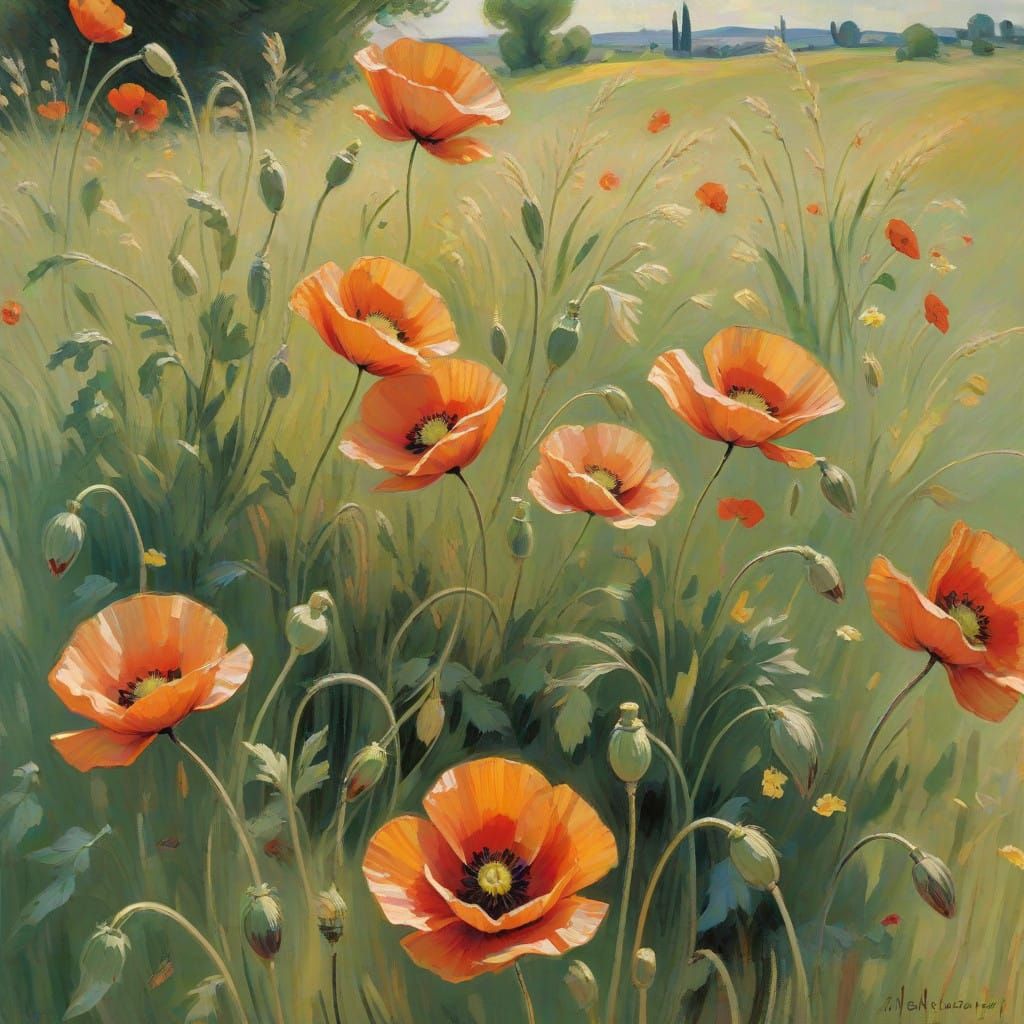 Impressionist style painting of a field of poppies