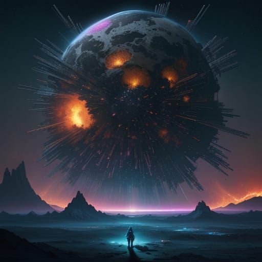 Cataclysmic Space Collision in Deep Blues and Purples