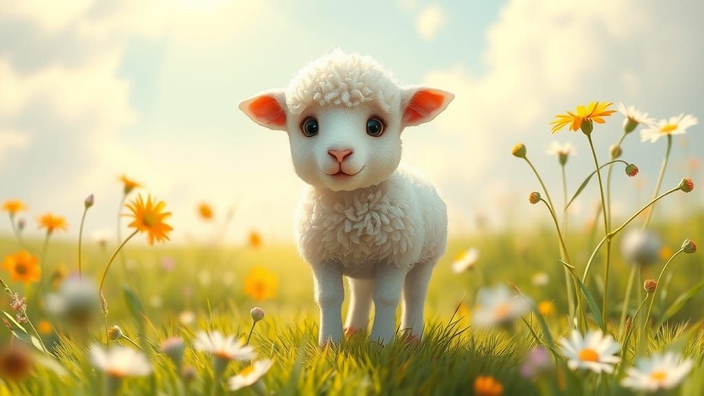 Fluffy Lamb in Sunny Meadow, Storybook Illustration