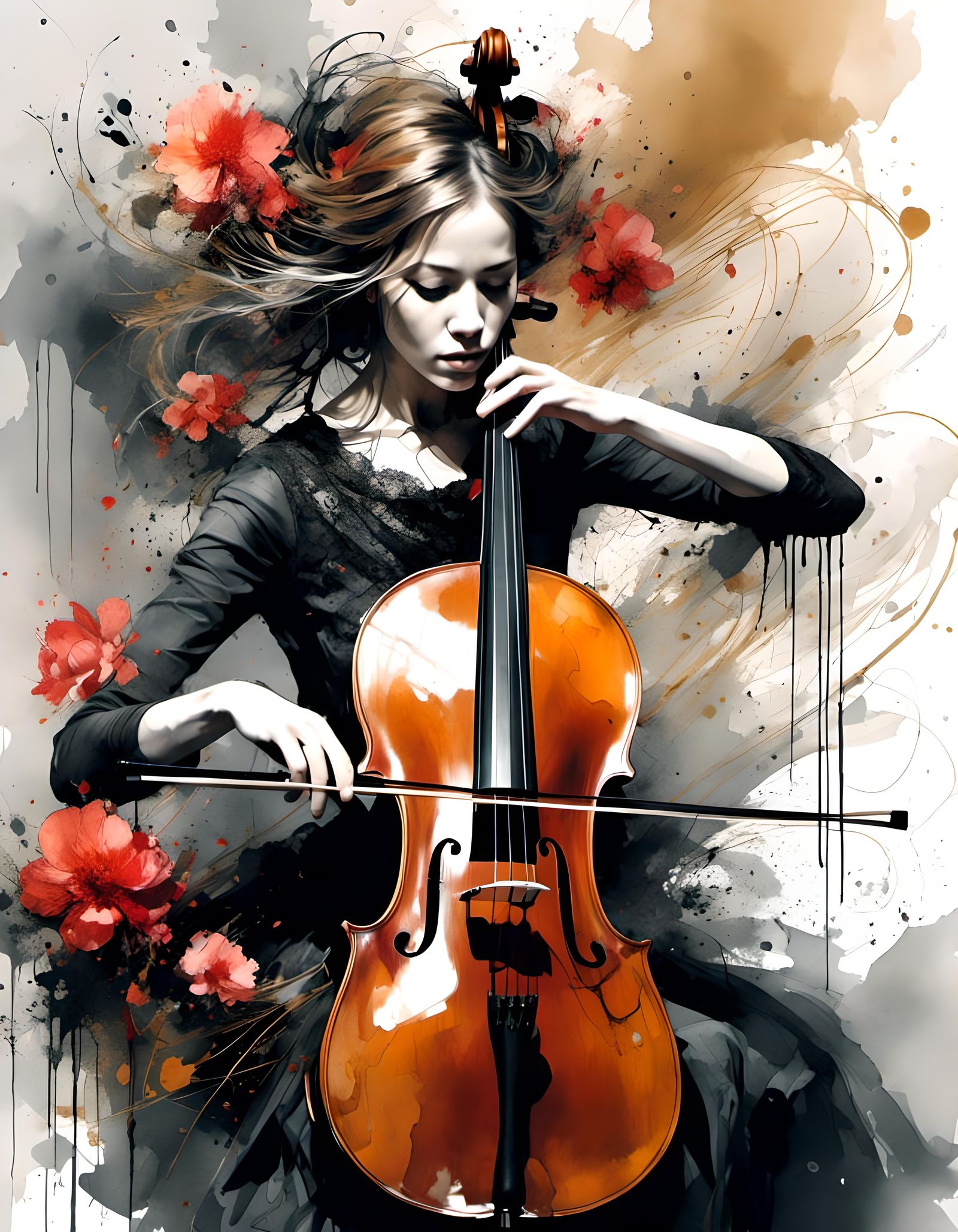 Filigree Fractal Cello Player with Camellias