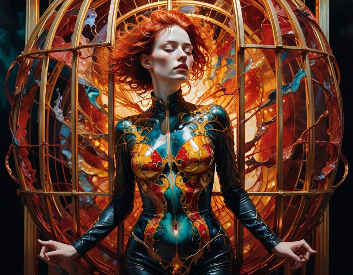 Woman Trapped in Golden Cage Optical Illusion Artwork