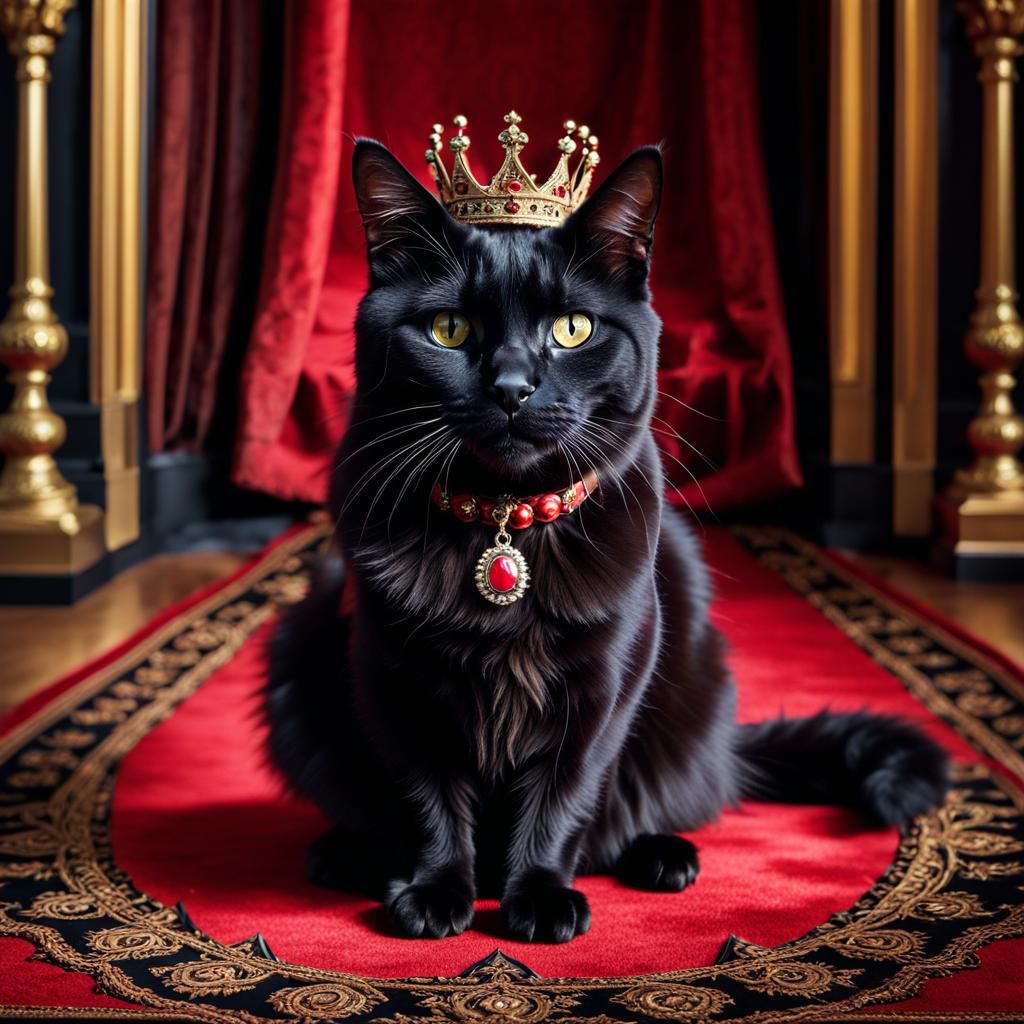 Victorian Black Cat with Crown on Red Carpet