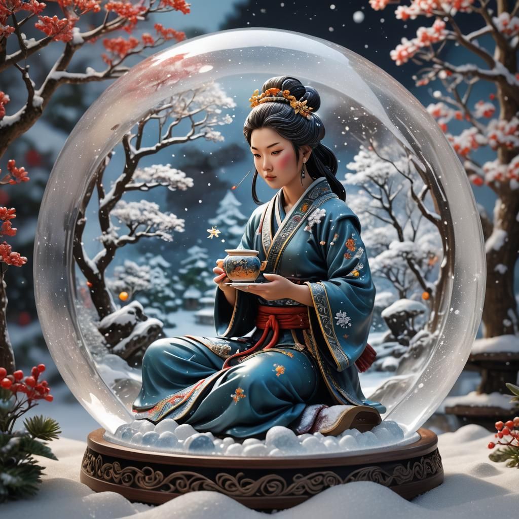Samurai Woman's Tea Ceremony in Snow Globe
