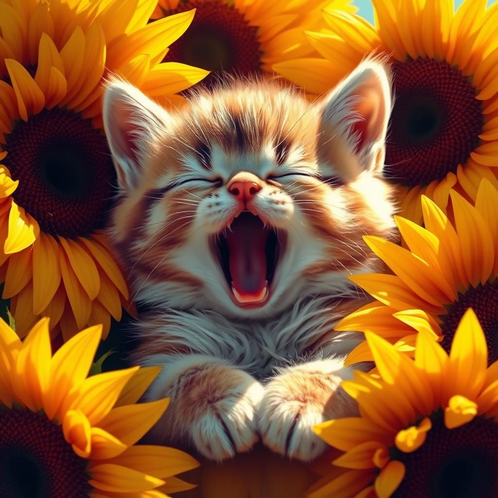 Cute Kitten Yawning Among Sunflowers, Digital Art