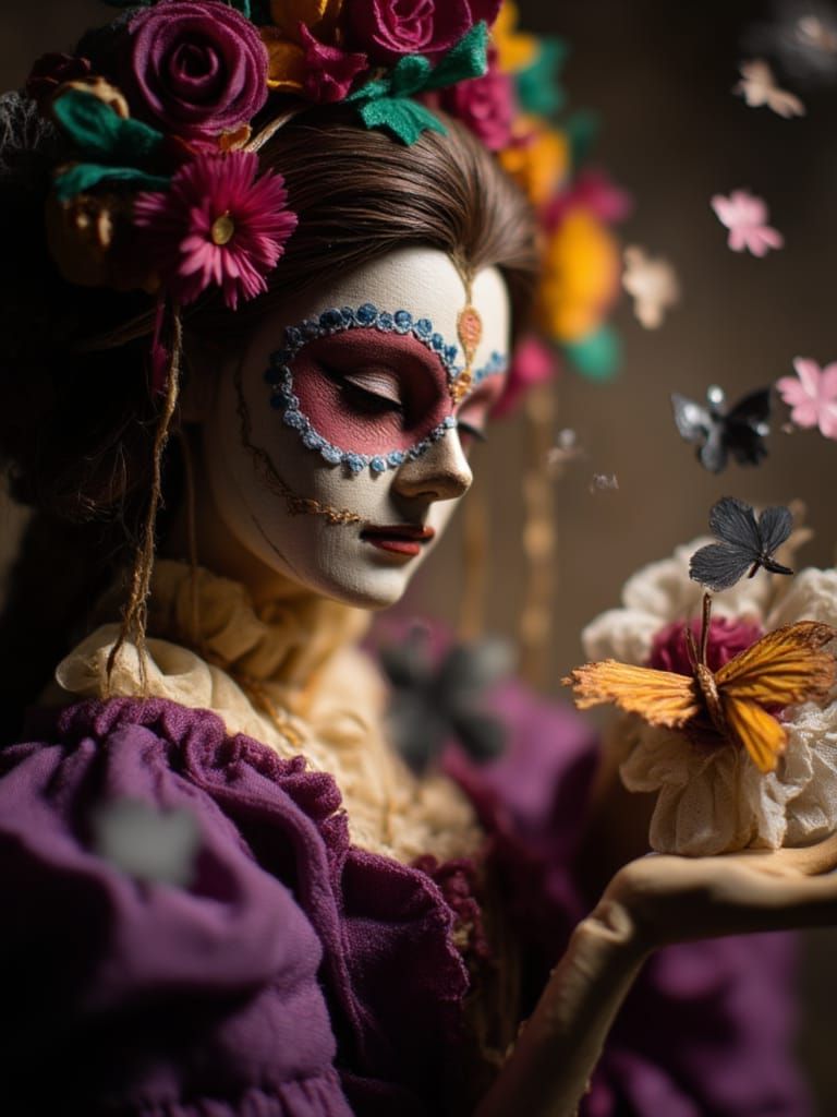 Dia de Los Muertos Woman with Flowers and Butterflies