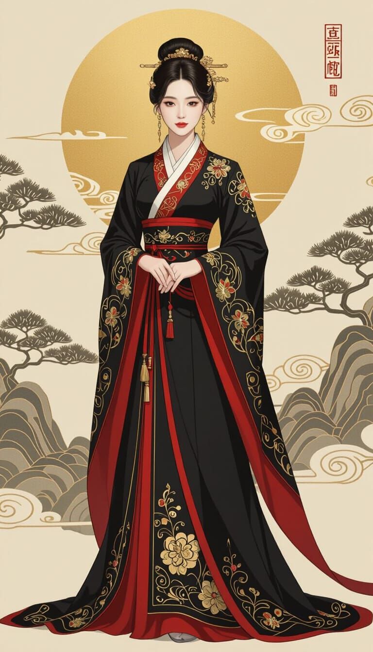 Korean Woman in Traditional Dress with Golden Circle