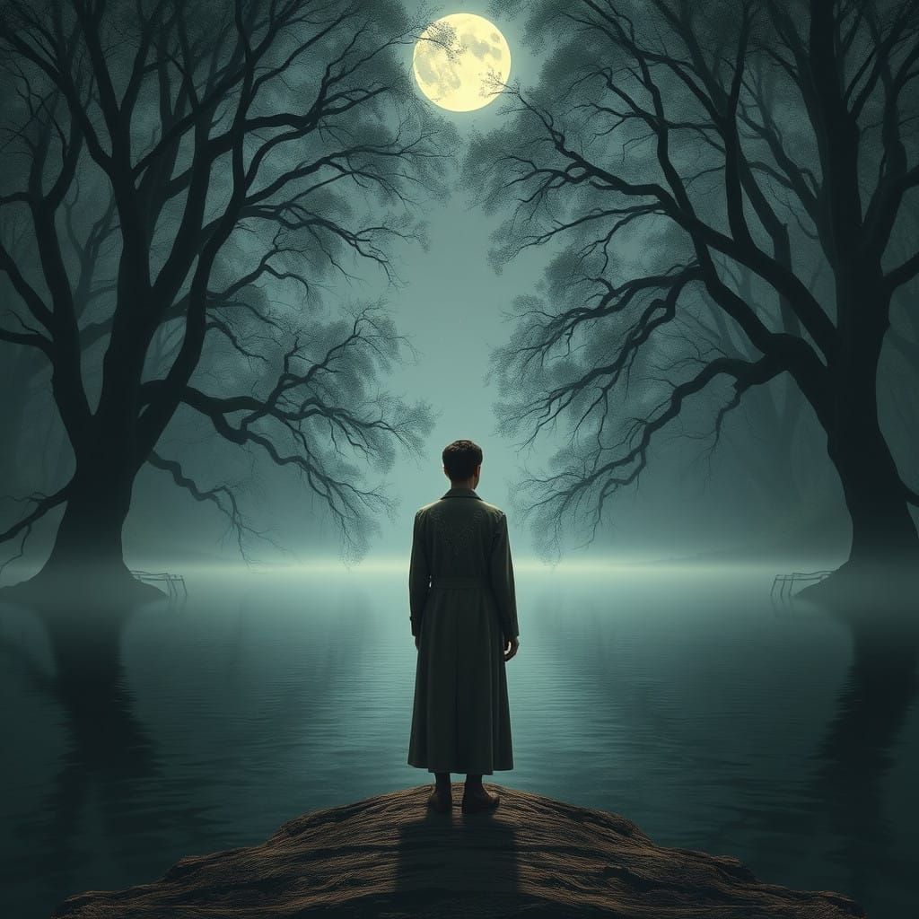 Serene Figure Contemplates Existence in Dreamlike Landscape