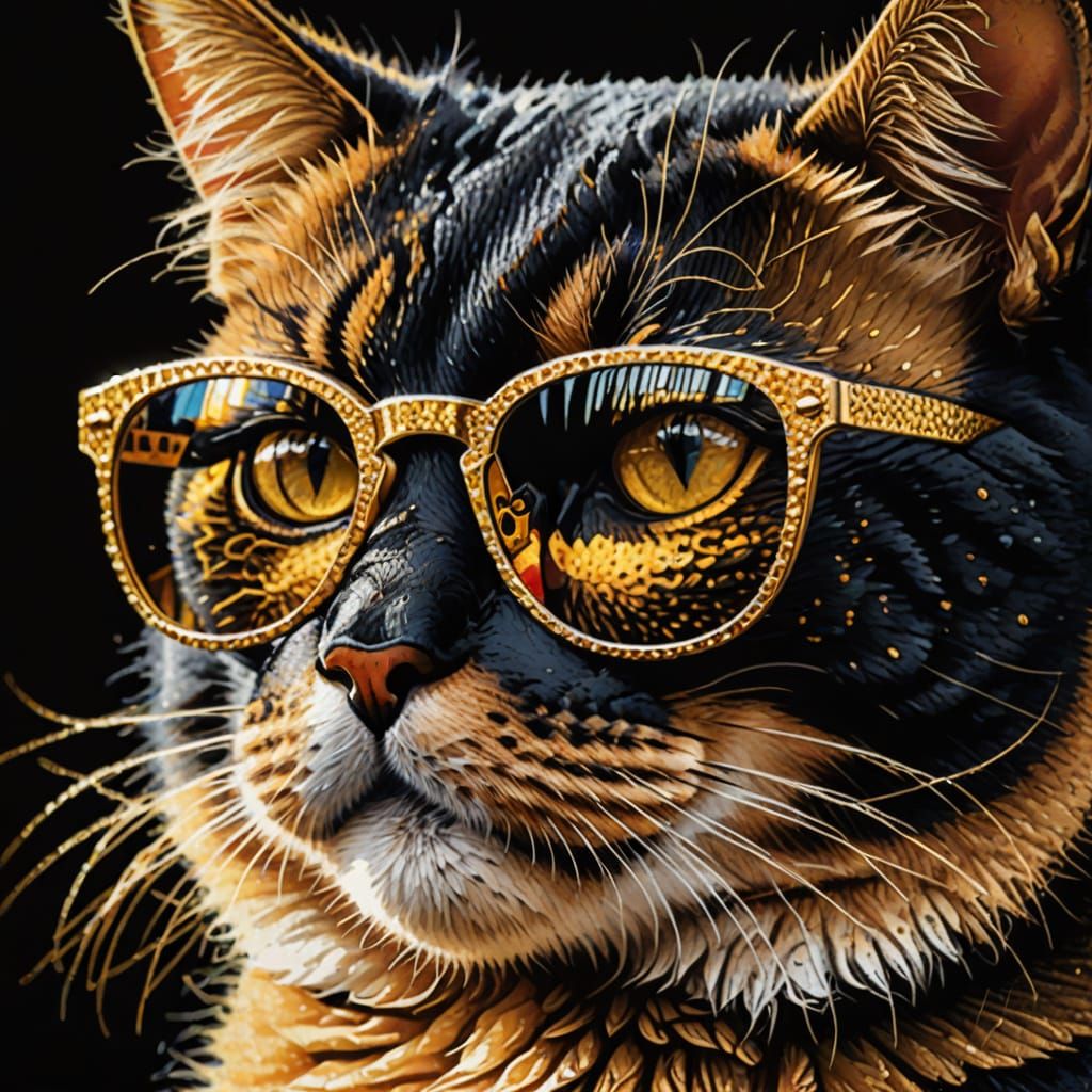 Pointillist Cat with Gold Sunglasses: Macro Photography