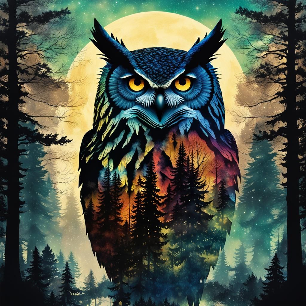 Psychedelic Owl Double Exposure in Steampunk Ink Art