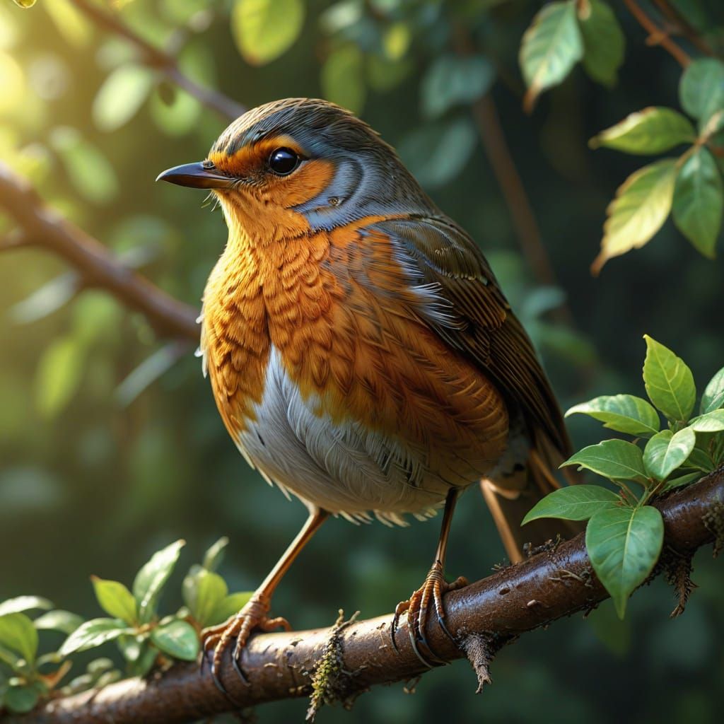 Proud Robin Perched on Branch, Digital Art