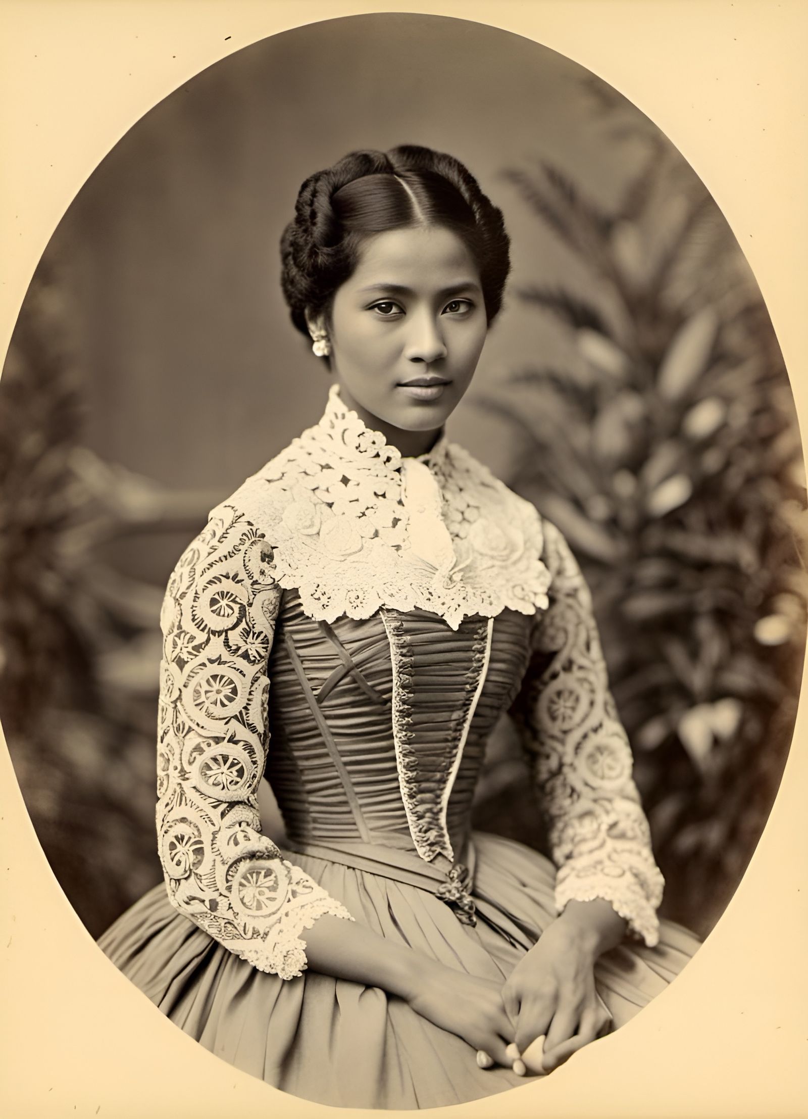 Indonesian Woman in Victorian Dress in Tropical Garden