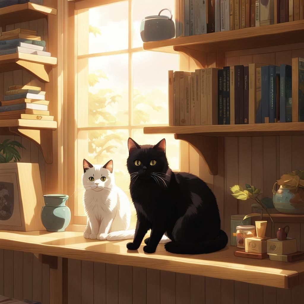 Cats on Shelf in Studio Ghibli Anime Style