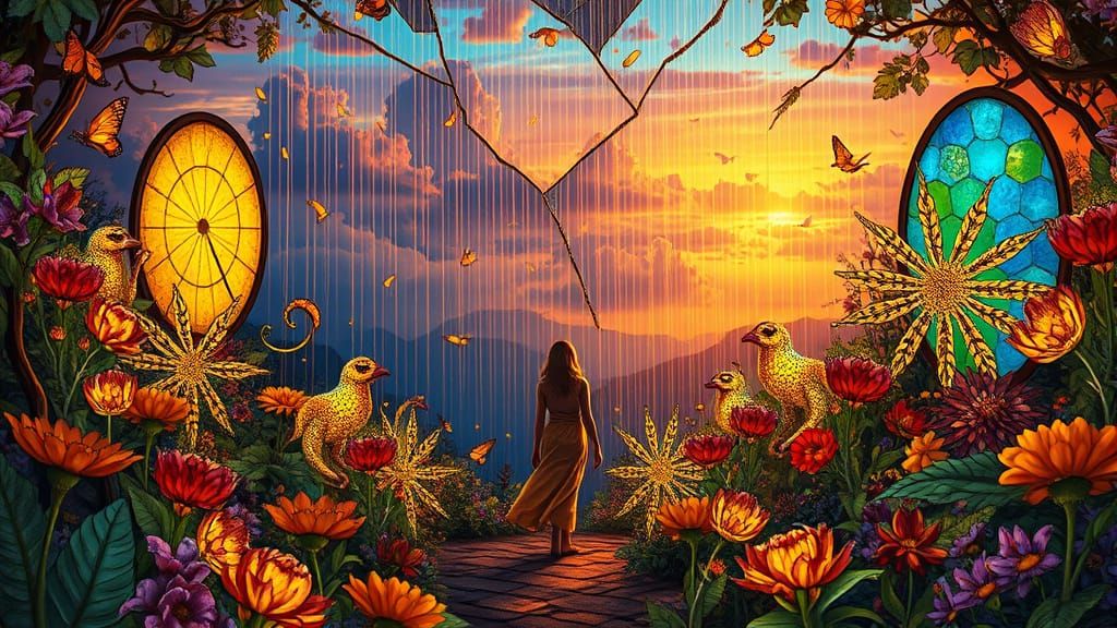 Surreal Stained Glass Garden with Mythical Creatures