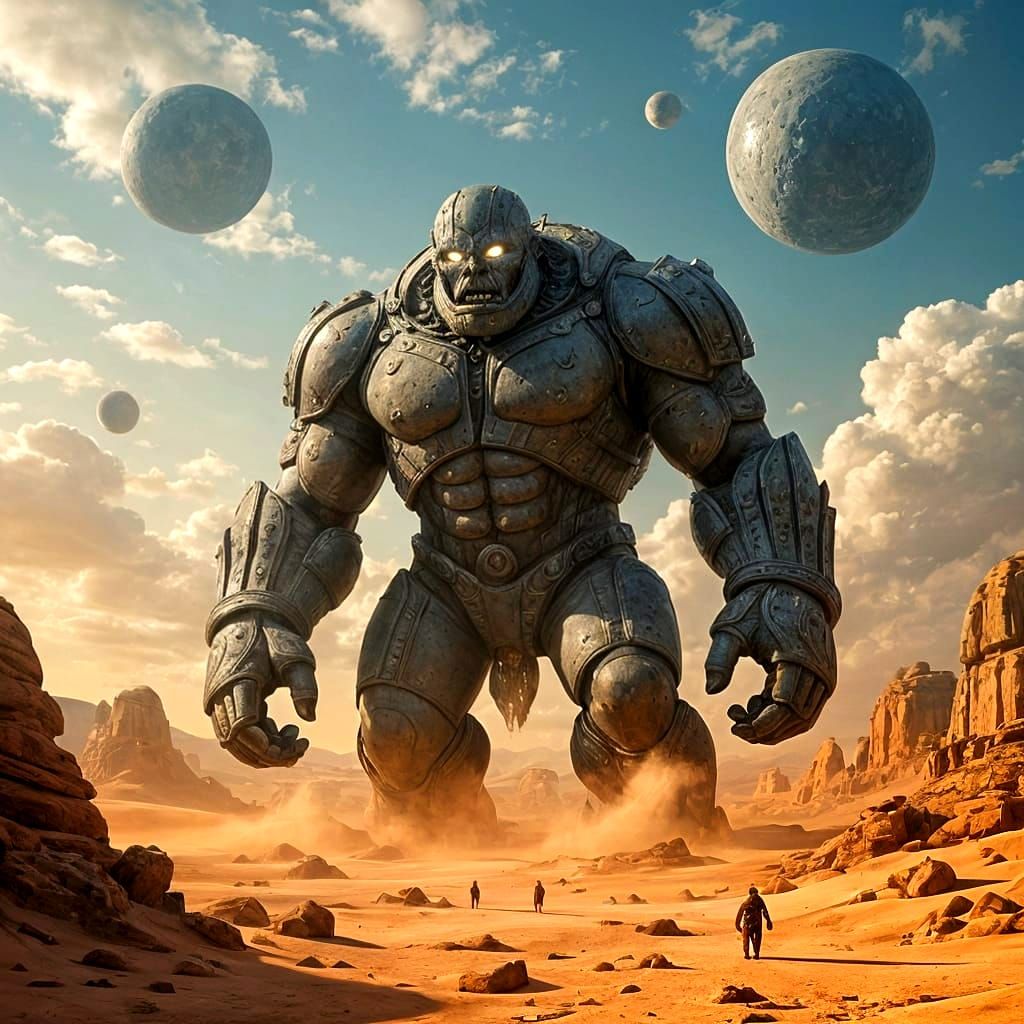 Colossal Stone Golem Awakens in Desert Under Giant Celestial...