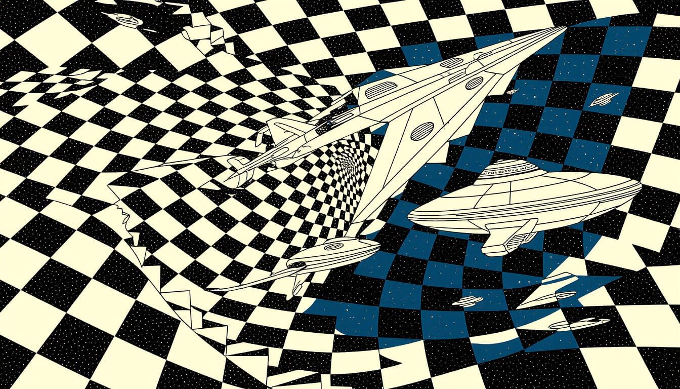 Steampunk Starship Orbits Psychedelic Space Station