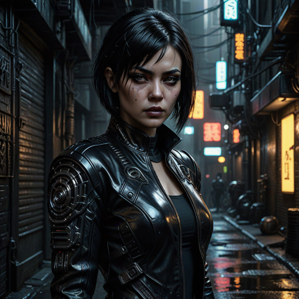 Asian female robotic assassin, black short hair, dressed in black leather