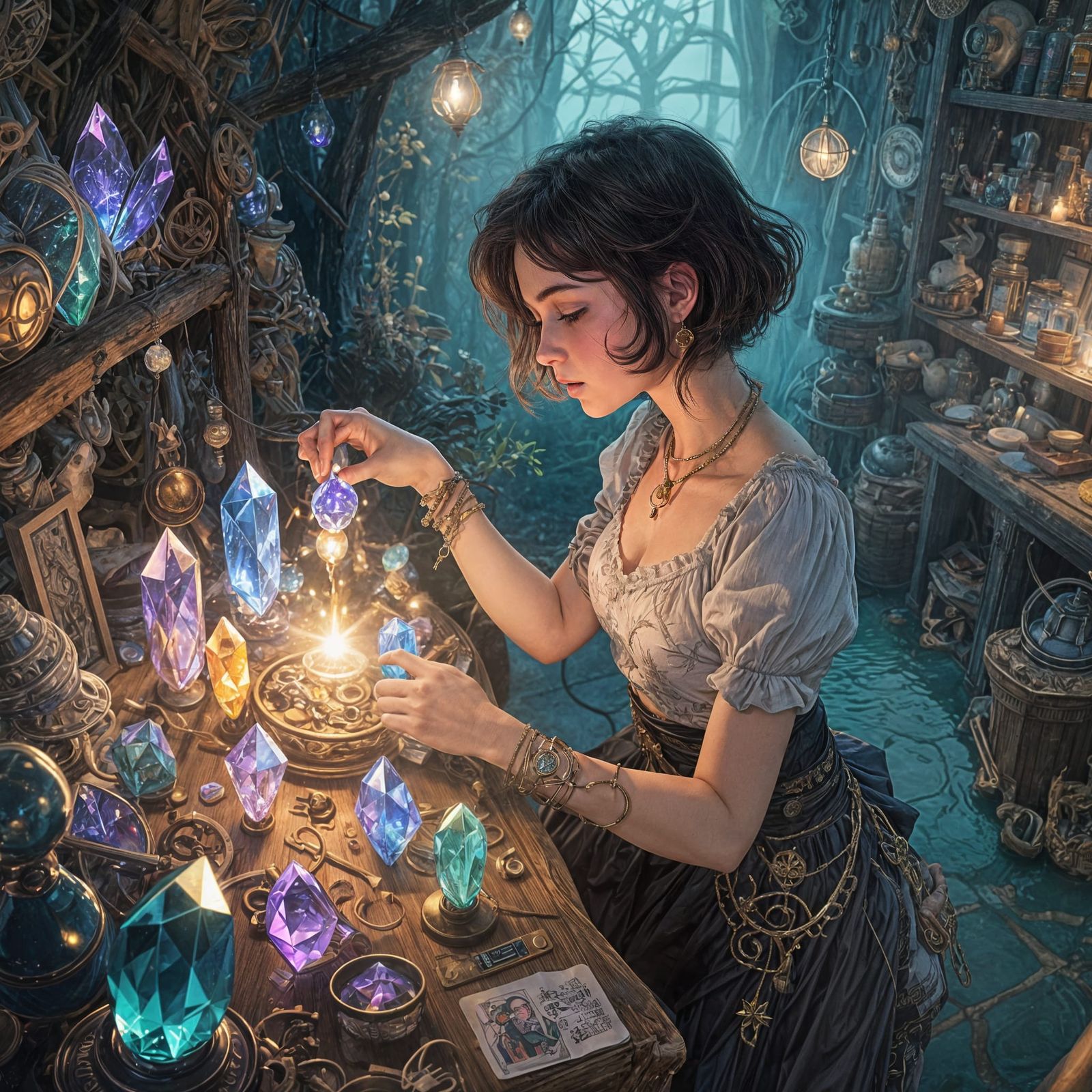 Fantasy Woman Creates Magic Lights in Shop