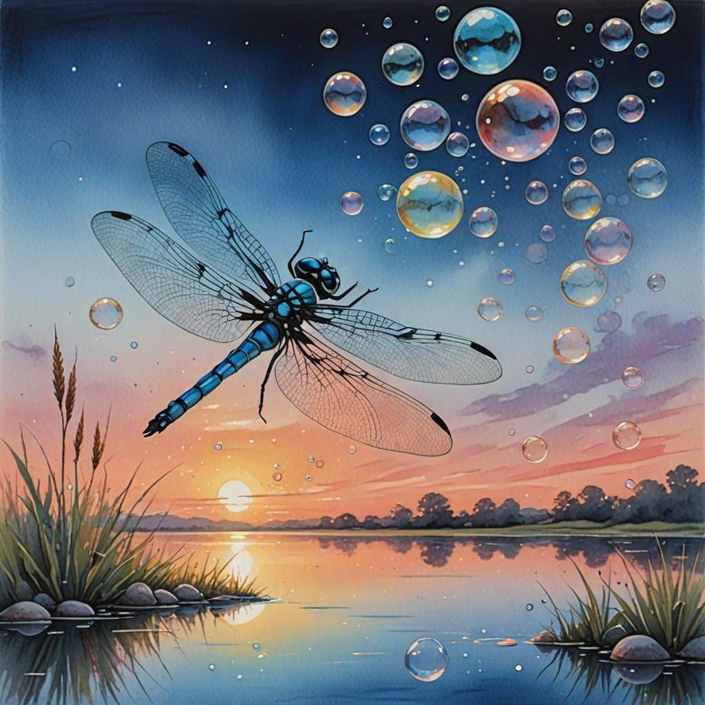 Dragonfly and Bubbles at Sunset: Watercolor Pastel