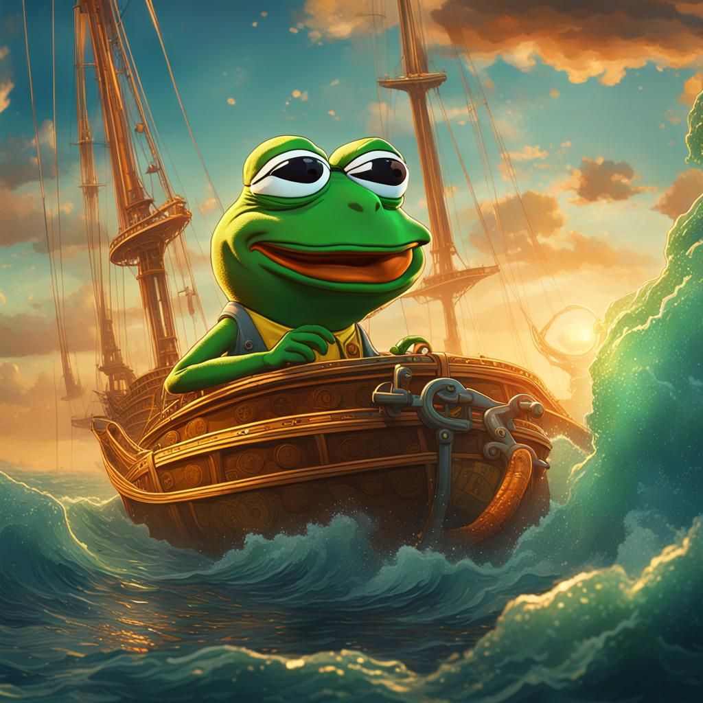 Pepe the Frog Bitcoin Sailing: Detailed Matte Painting