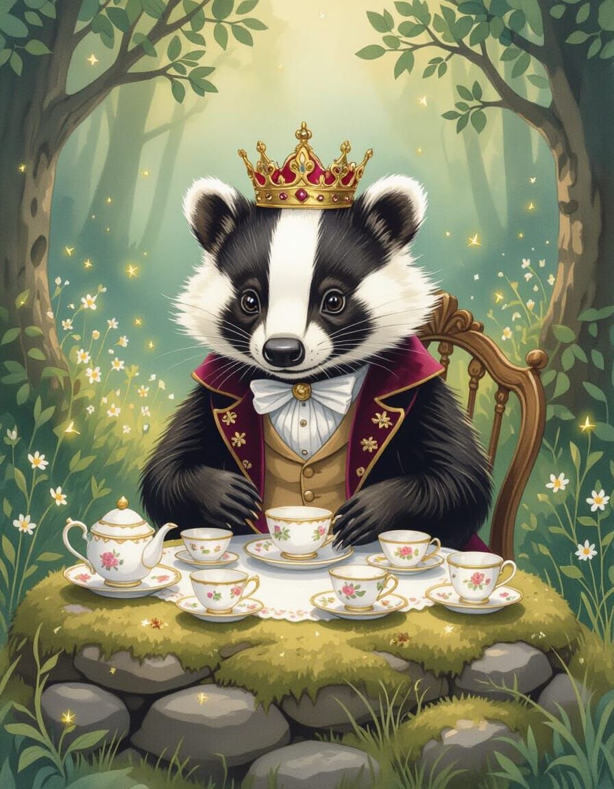 Whimsical Badger's Tea Party in Pastel Watercolor