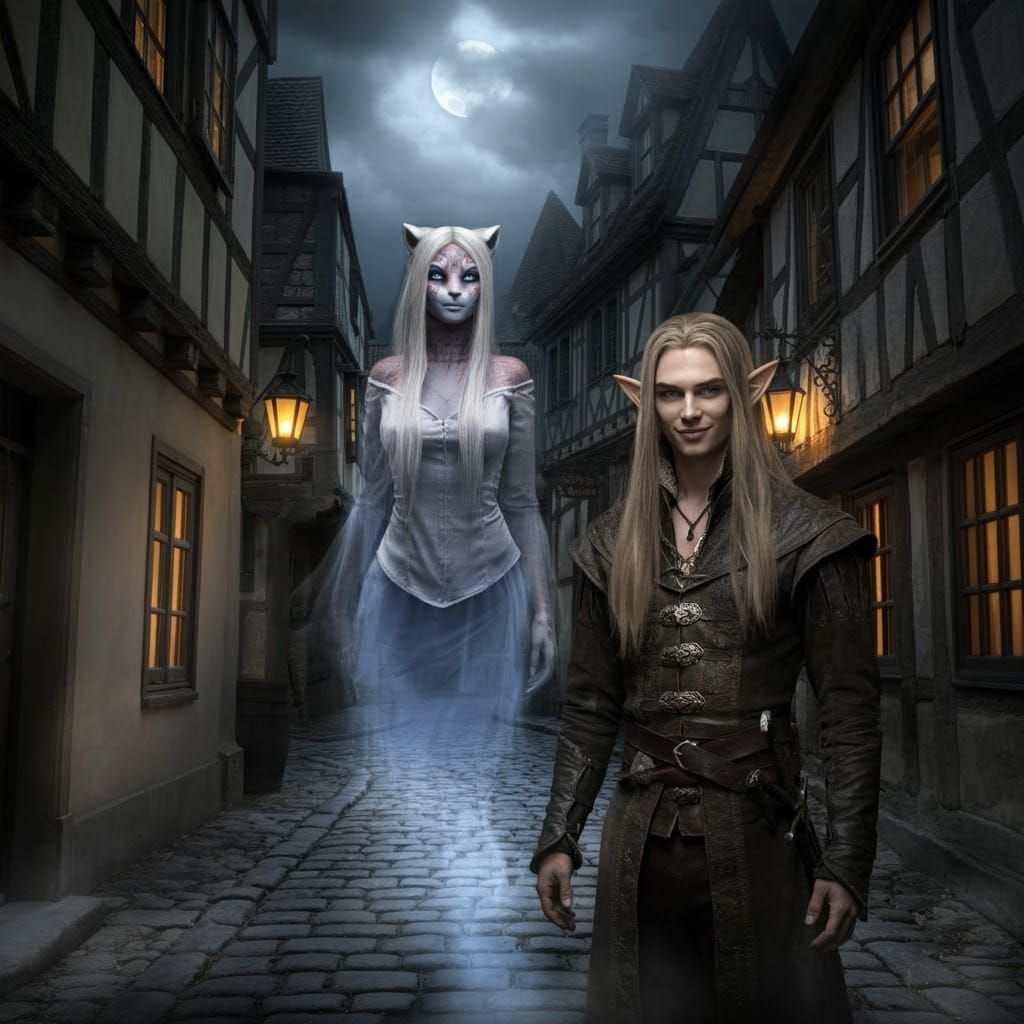 Moonlit Ghost and Elf on Cobblestone Street