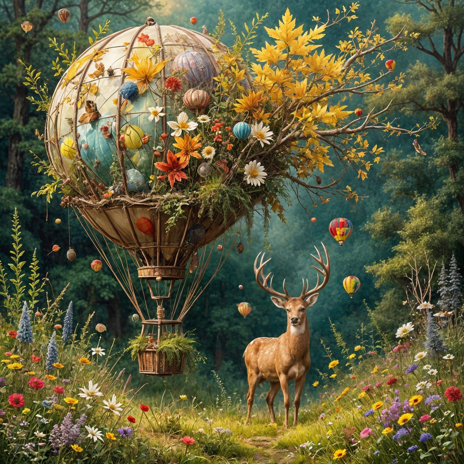 Deer with Mossy Antlers and Whimsical Balloon