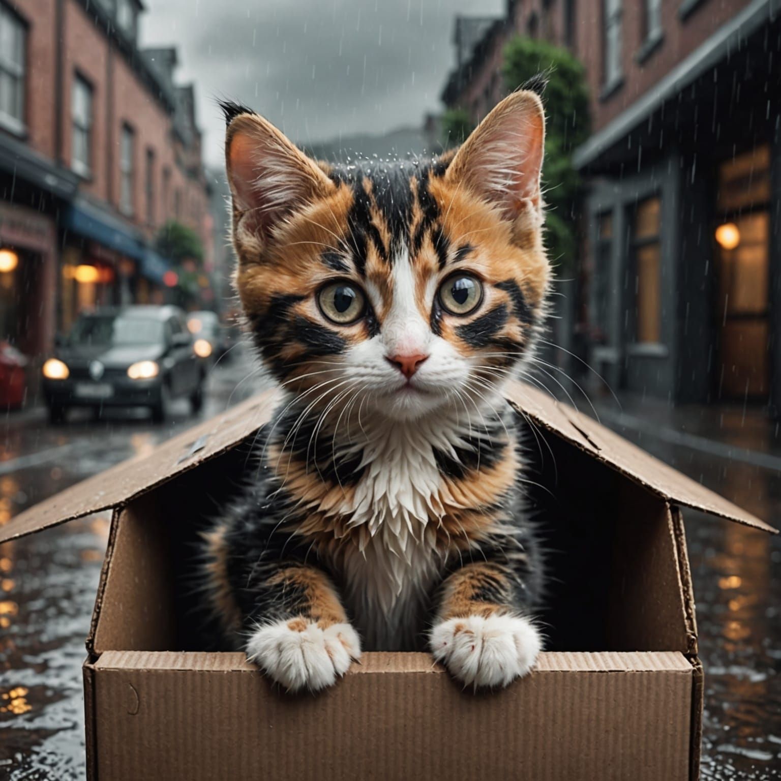 Gloomy Calico Kitten Lost in the Rain