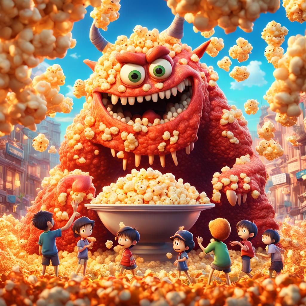 Popcorn Monster Surrounded by Hungry Children: 3D Digital Ar...