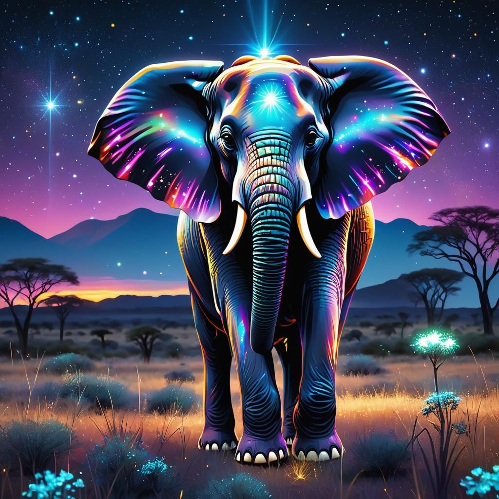 Ethereal Hologram Elephant in Celestial African Savannah