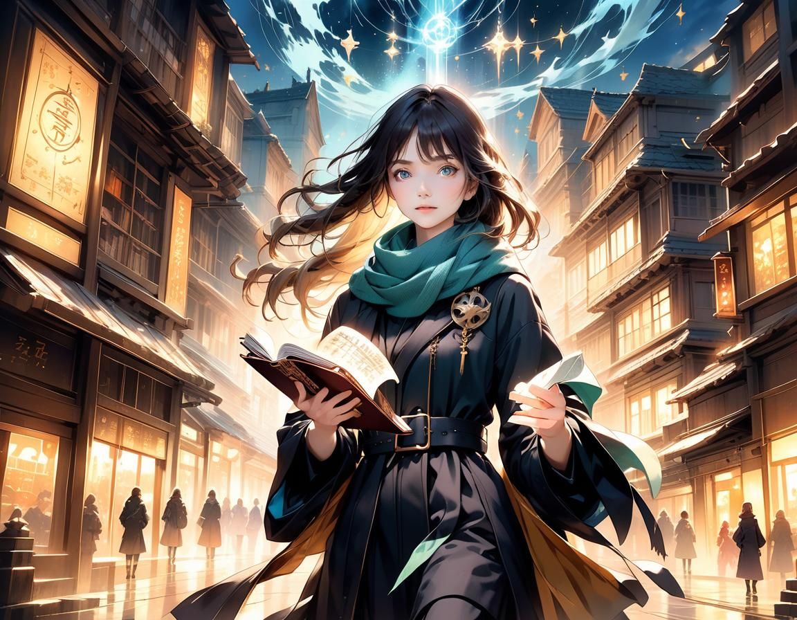 Fantasy City Scribe with Floating Spell Book