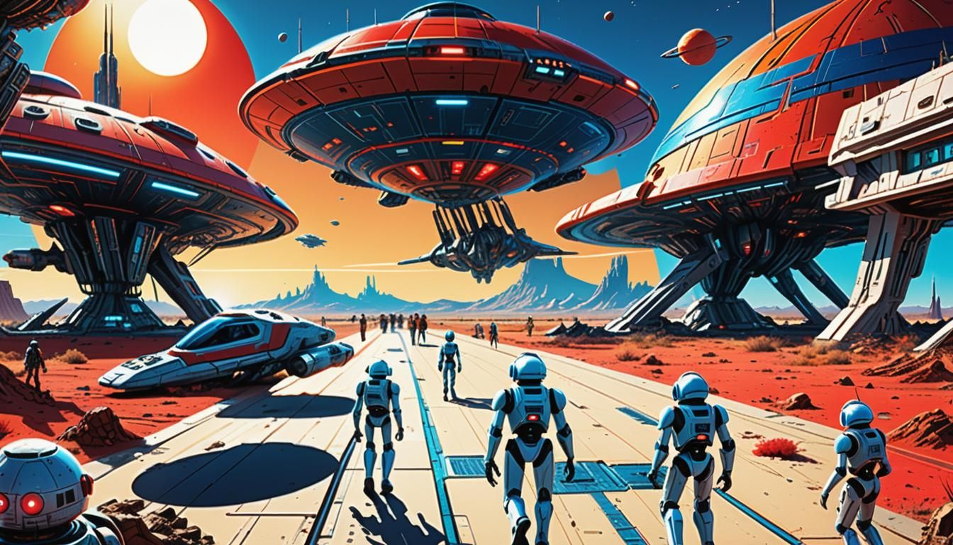 Retro-Futuristic Spaceport on Alien Planet in Comic Book Sty...