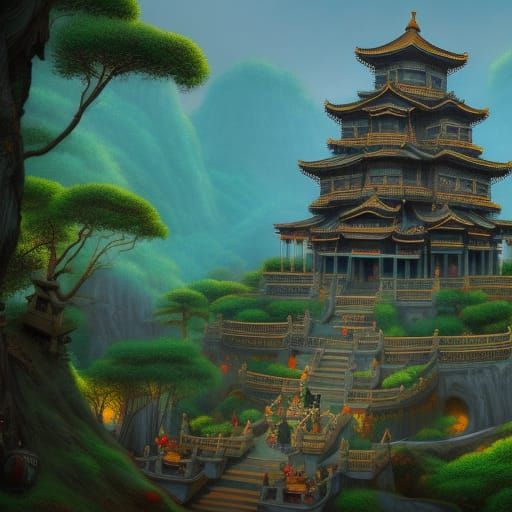 Pandas' Temple: Detailed Matte Painting in Deep Color