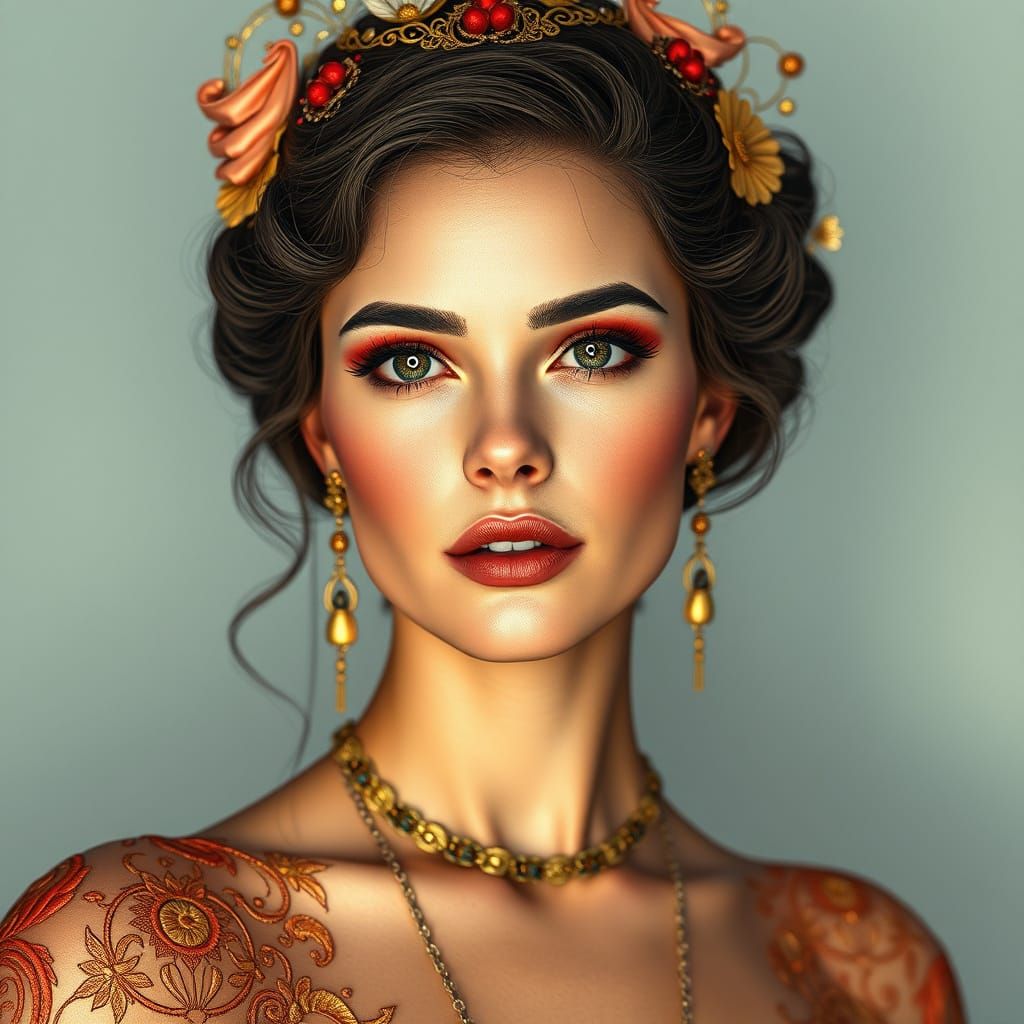 A stunning hyperrealistic photographic style portrait of Belleza Extraordinaria by Antonio López. The subject is a capti...