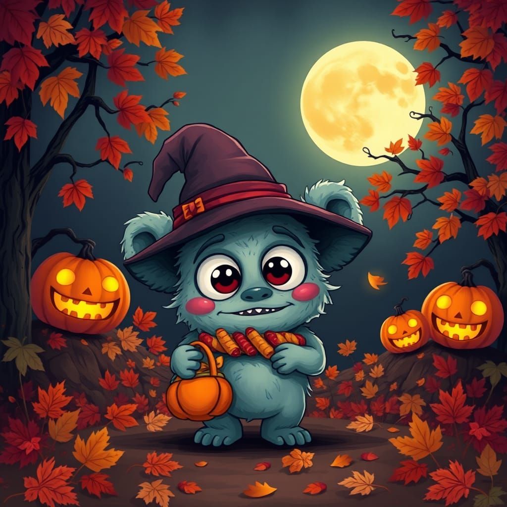 Adorable Chibi Monster in Spooky October Landscape