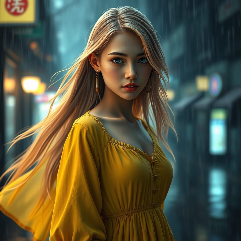 Enigmatic Rain-Soaked Beauty in Vibrant Yellow Dress