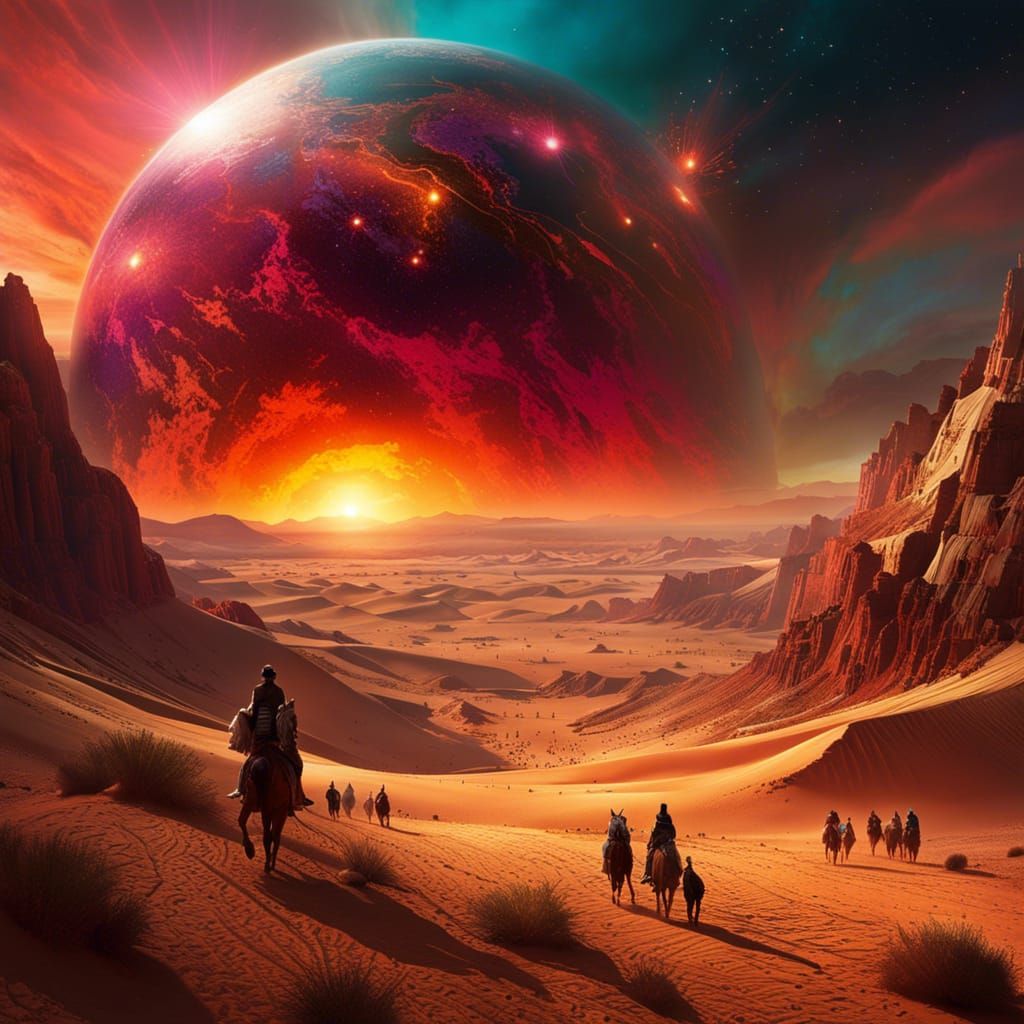 Epic Biblical Scene with Desert Crowds and Nebulae