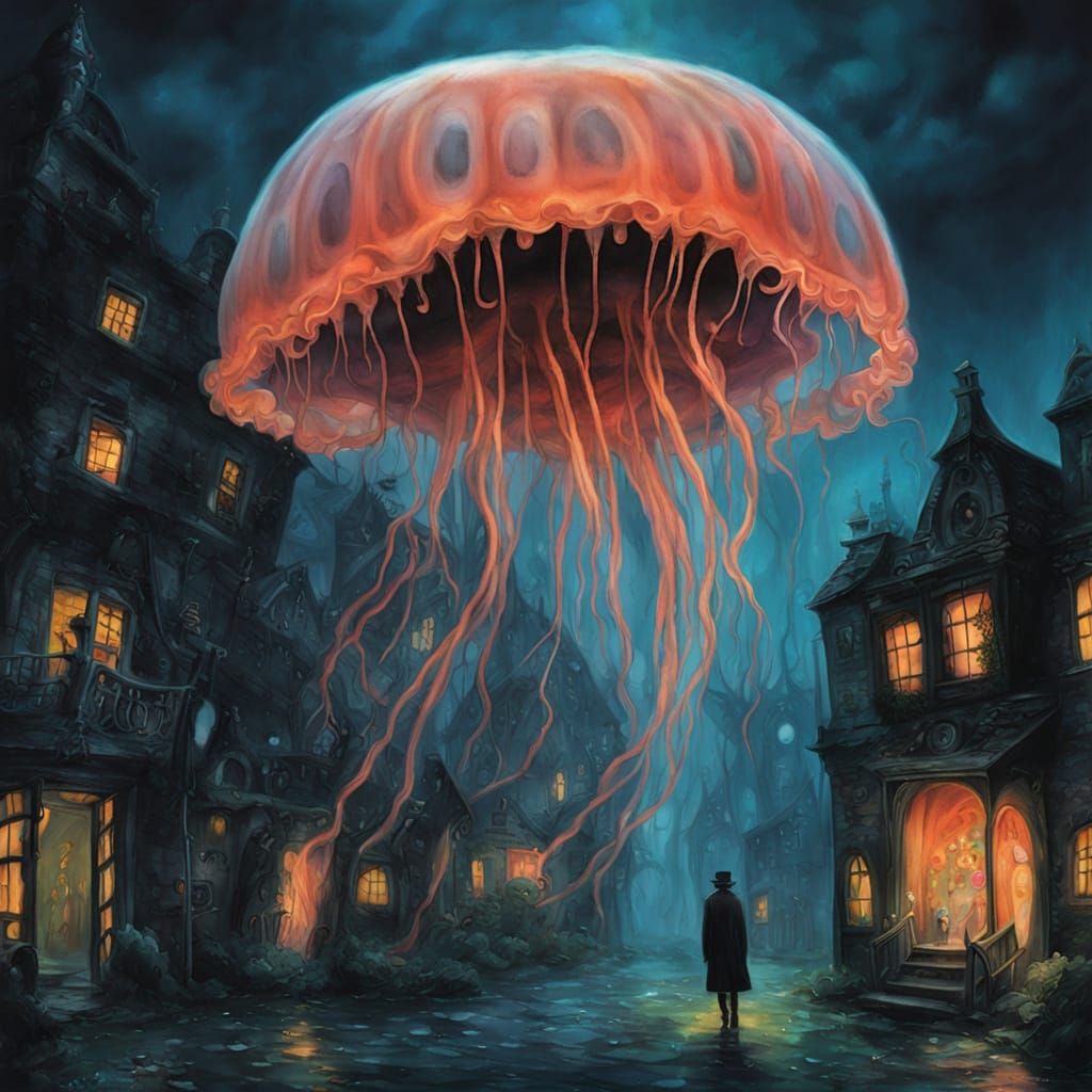 Bioluminescent Jellyfish Drifting Through Underwater Citysca...