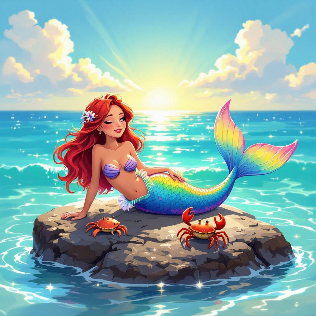 Cartoon Mermaid Sunbathing on Rock with Rainbow Tail