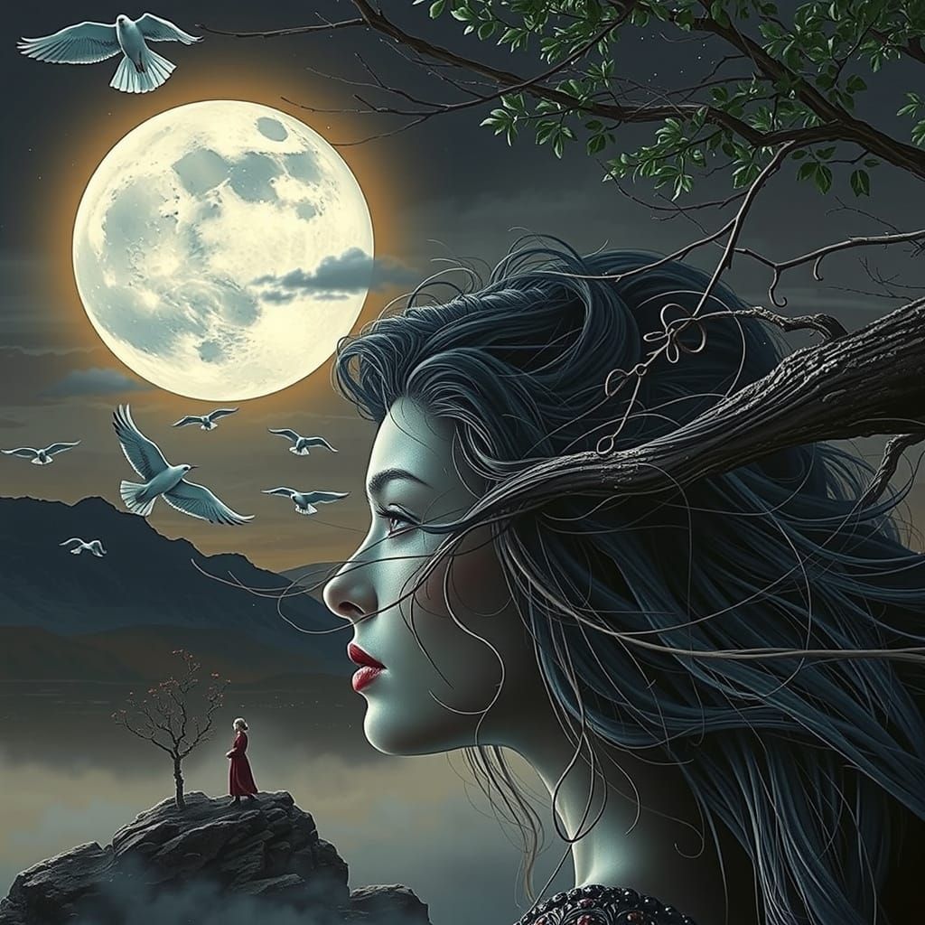 Elegant Woman Contemplates Moonlit Landscape in Cinematic St...