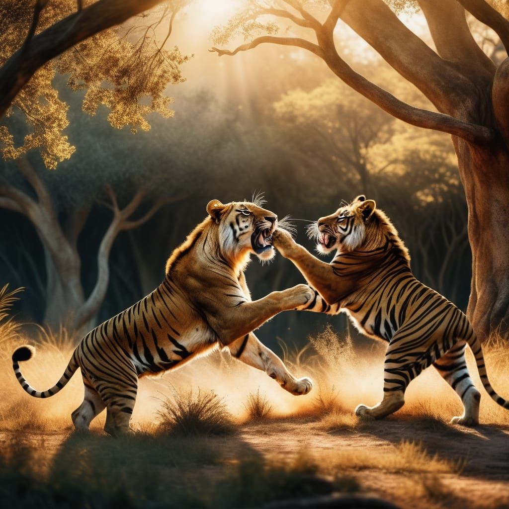 Lion and Tiger Battle in Savannah, Wildlife Photography
