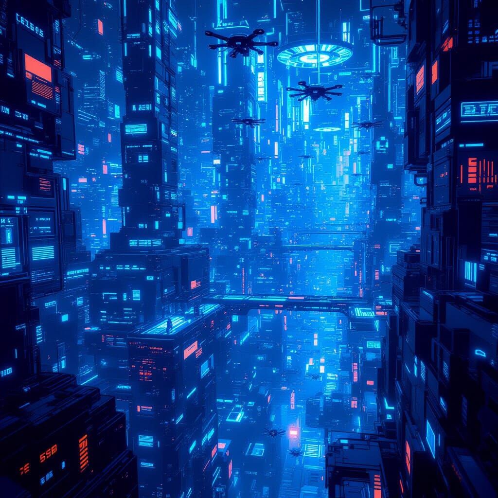 Futuristic Server City with Drones in Concept Art Style